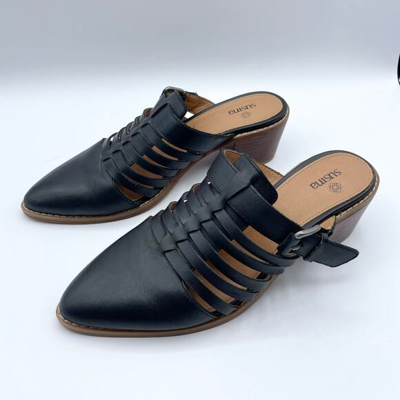 Susina Sondra Lea Leather Mules Black Stacked Low Block Heel Slip On Shoes 8 - Picture 3 of 16